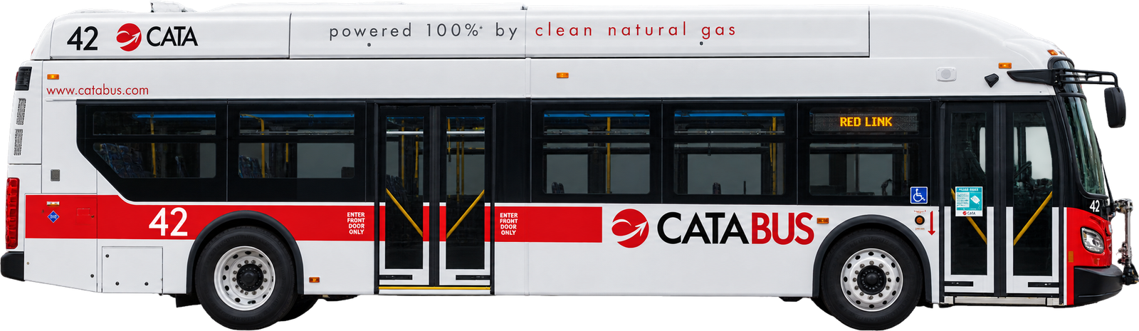 A CATA bus in the white and red CATABUS livery, powered 100% by clean natural gas