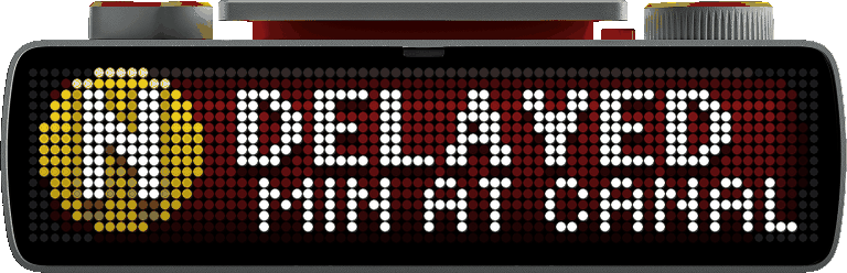 Red page reading DELAYED, with how long the train has been held scrolling beneath