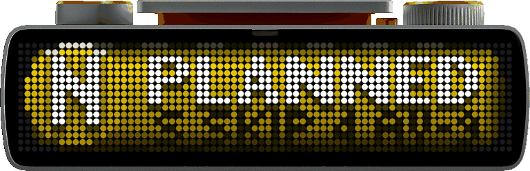 Yellow page with hazard stripe edges, PLANNED, and the work notice scrolling beneath