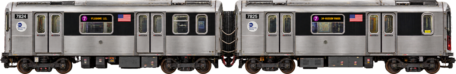 Two silver New York City subway cars signed for the 7 Flushing Local